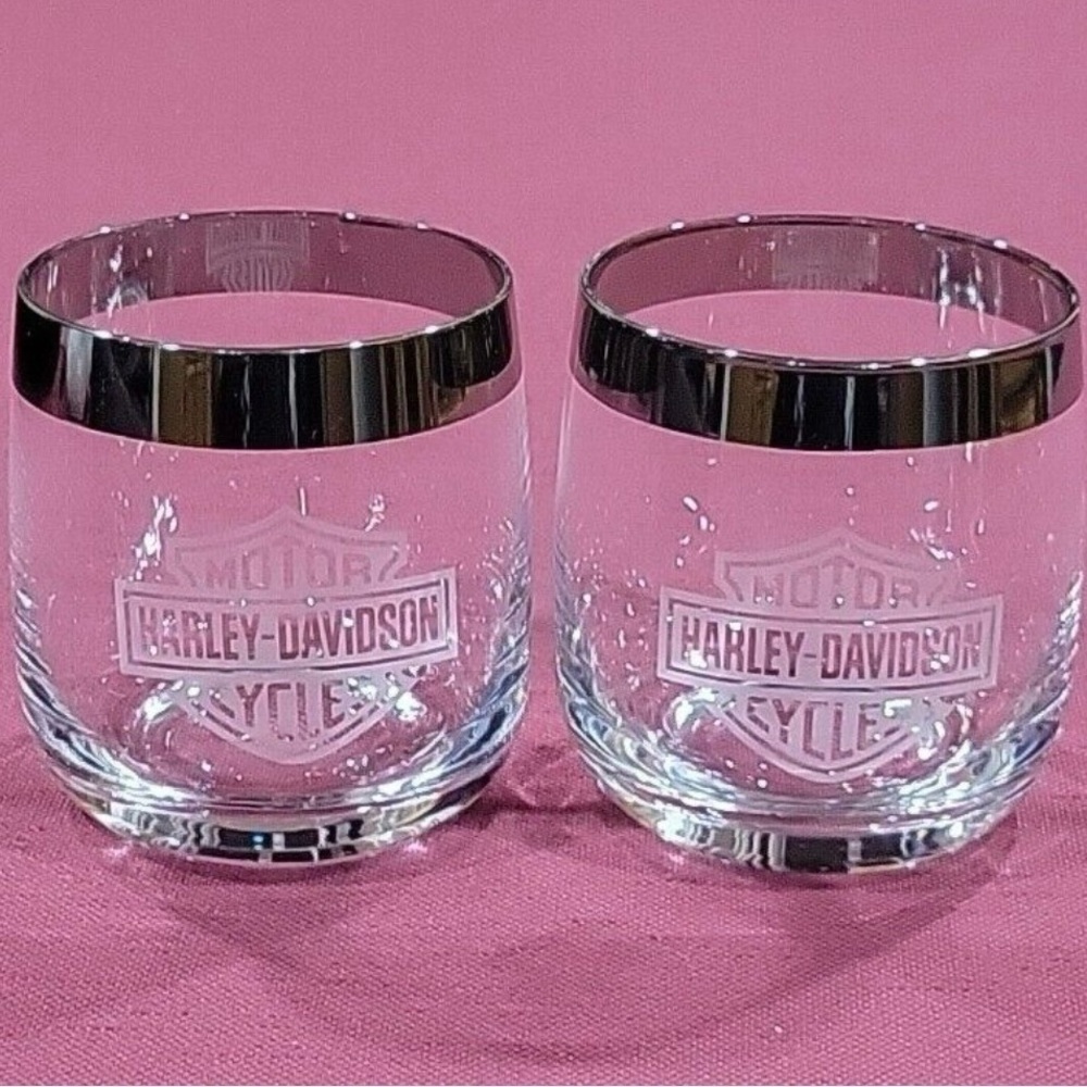 Vintage Harley Davidson Whiskey Glasses Roly Poly Rocks Tumblers MCM Platinum